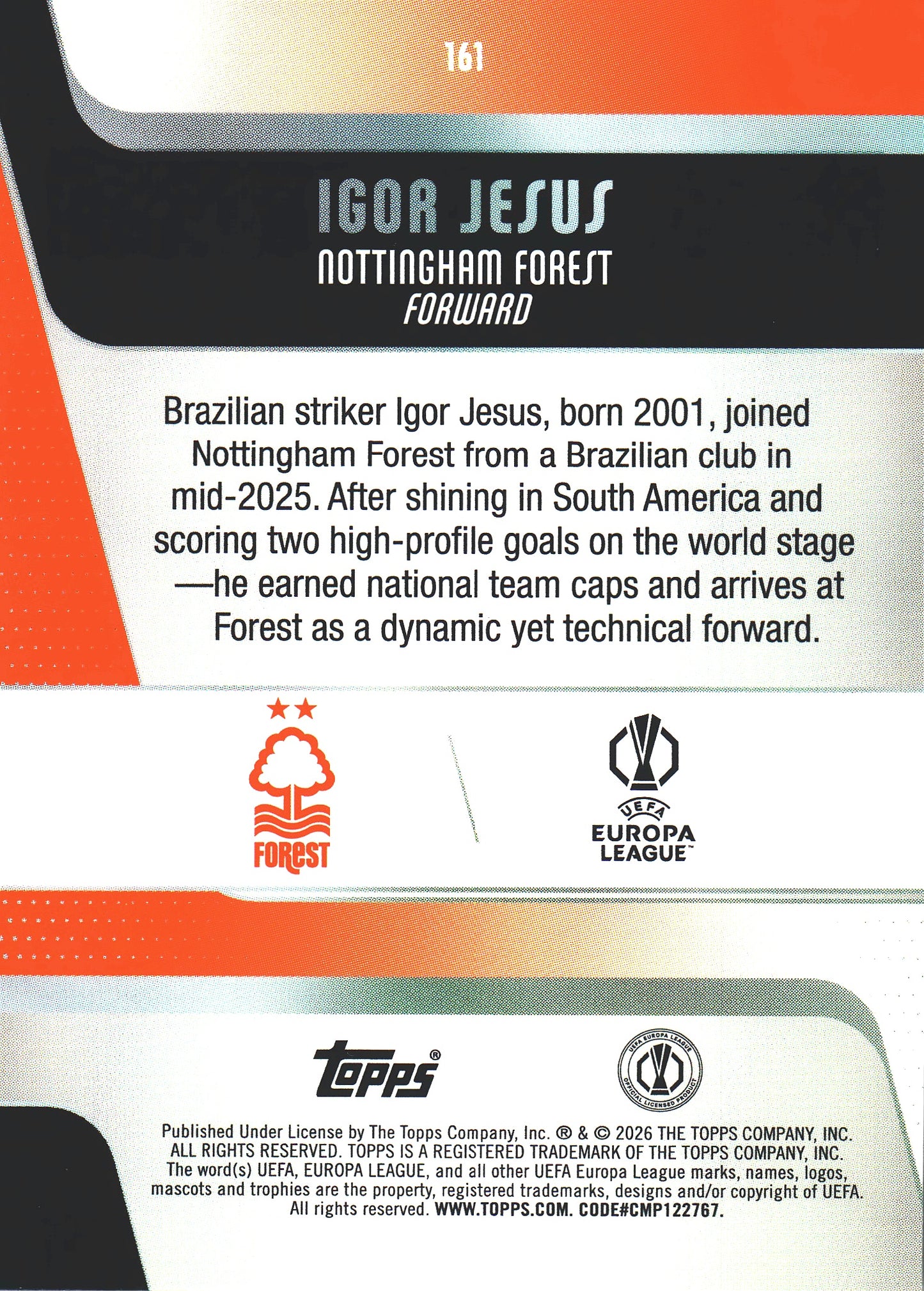 2025 Topps Flagship UCC Japan Sunflowers Igor Jesus RC #161 Nottingham Forest