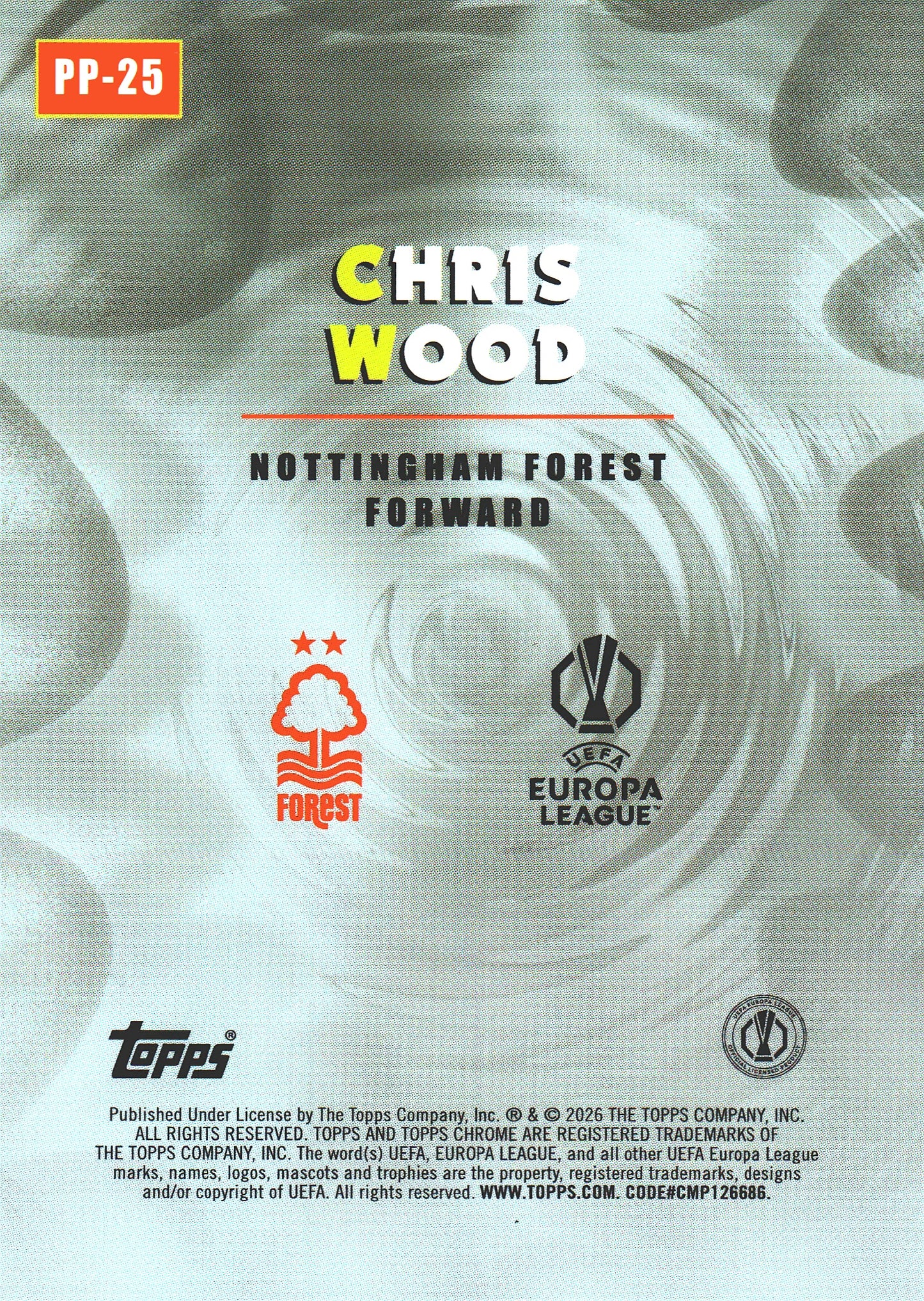 2025 Topps Chrome UCC Power Players Chris Wood #PP-25 Nottingham Forest