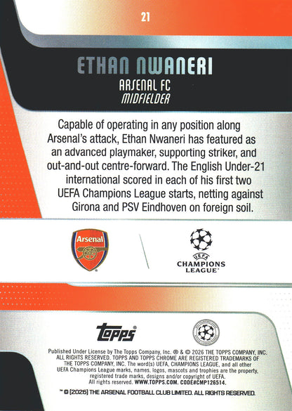 2025 Topps Chrome UCC Prism Ethan Nwaneri Future Stars #21 Arsenal FC