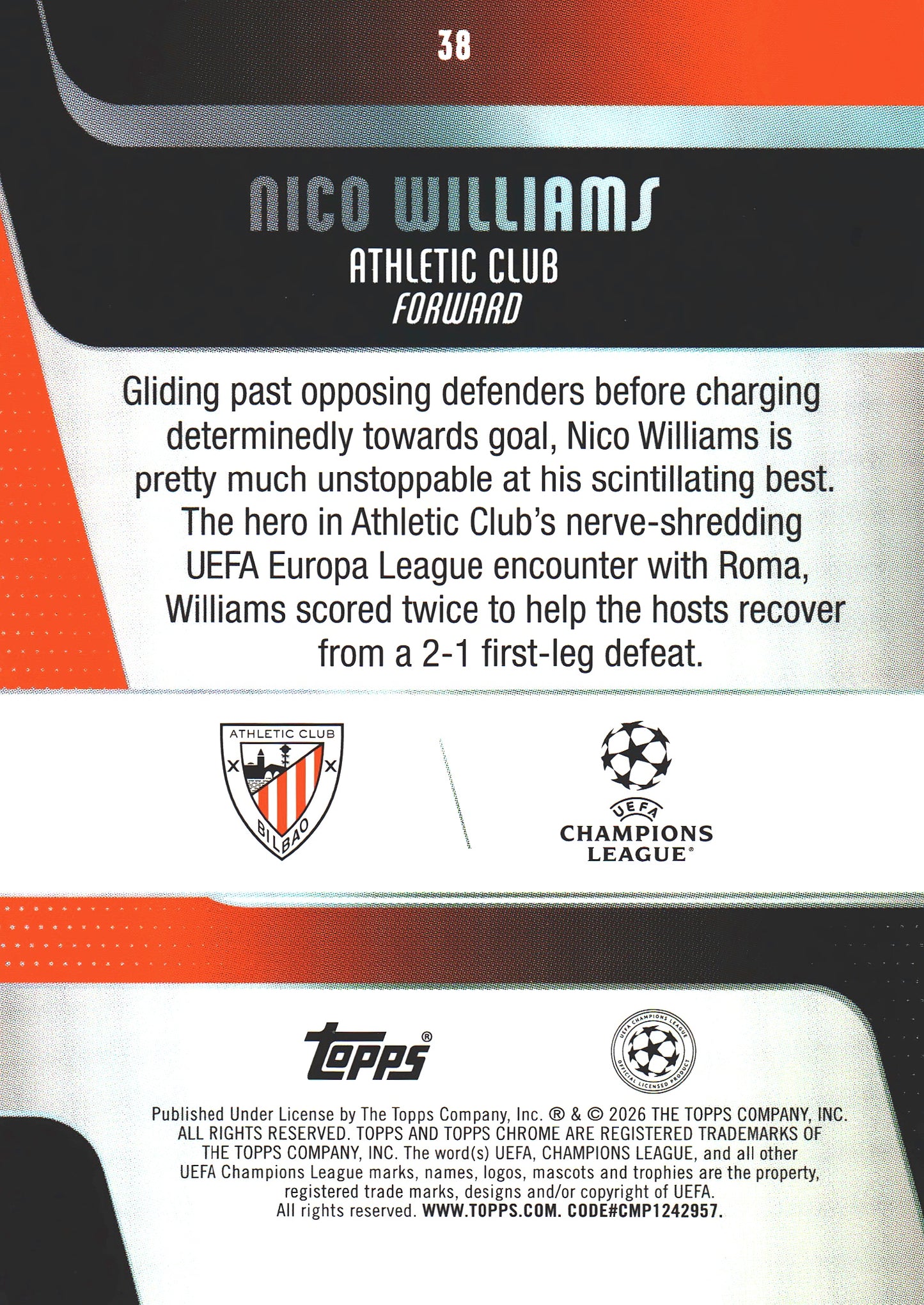 2025 Topps Chrome UCC Prism Nico Williams #38 Athletic Bilbao