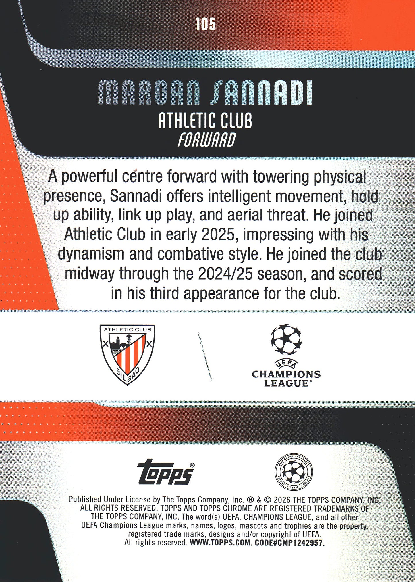 2025 Topps Chrome UCC Blue /150 Maroan Sannadi #105 Athletic Bilbao