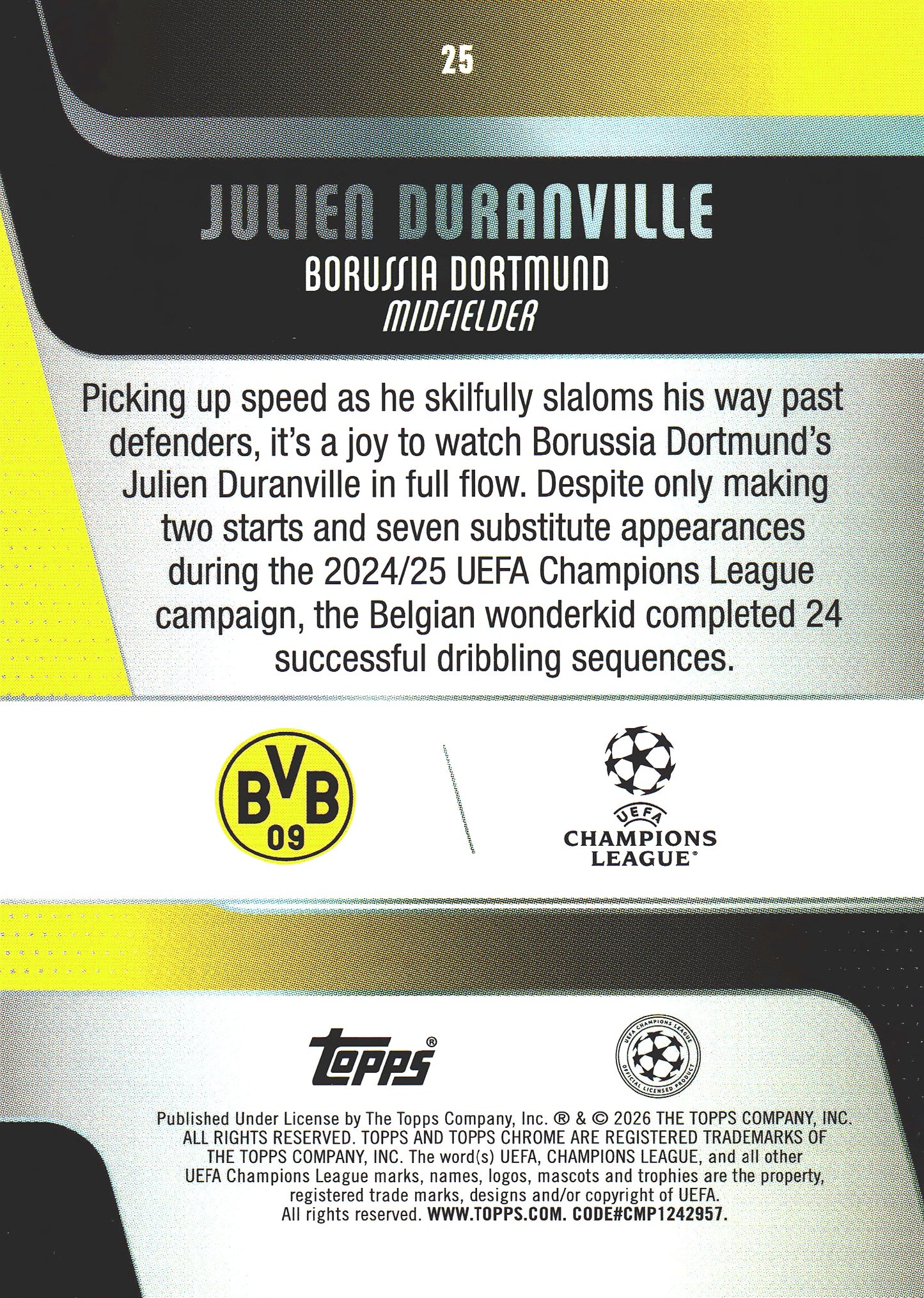 2025 Topps Chrome UCC Orange /25 Julien Duranville #25 Borussia Dortmund