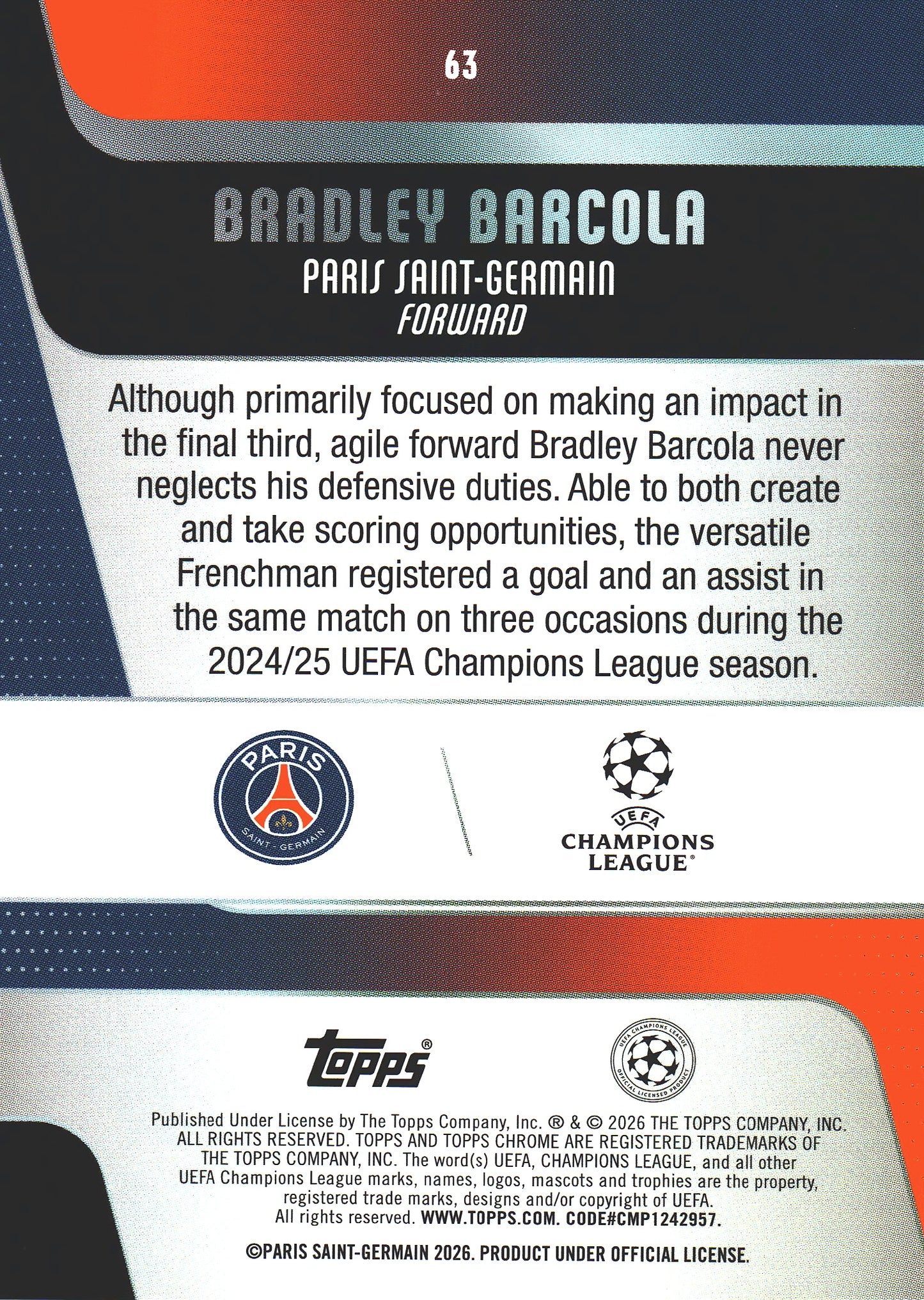 2025 Topps Chrome UCC Purple /75 Bradley Barcola #63 Paris Saint-Germain