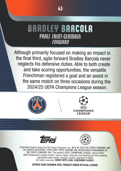 2025 Topps Chrome UCC Purple /75 Bradley Barcola #63 Paris Saint-Germain