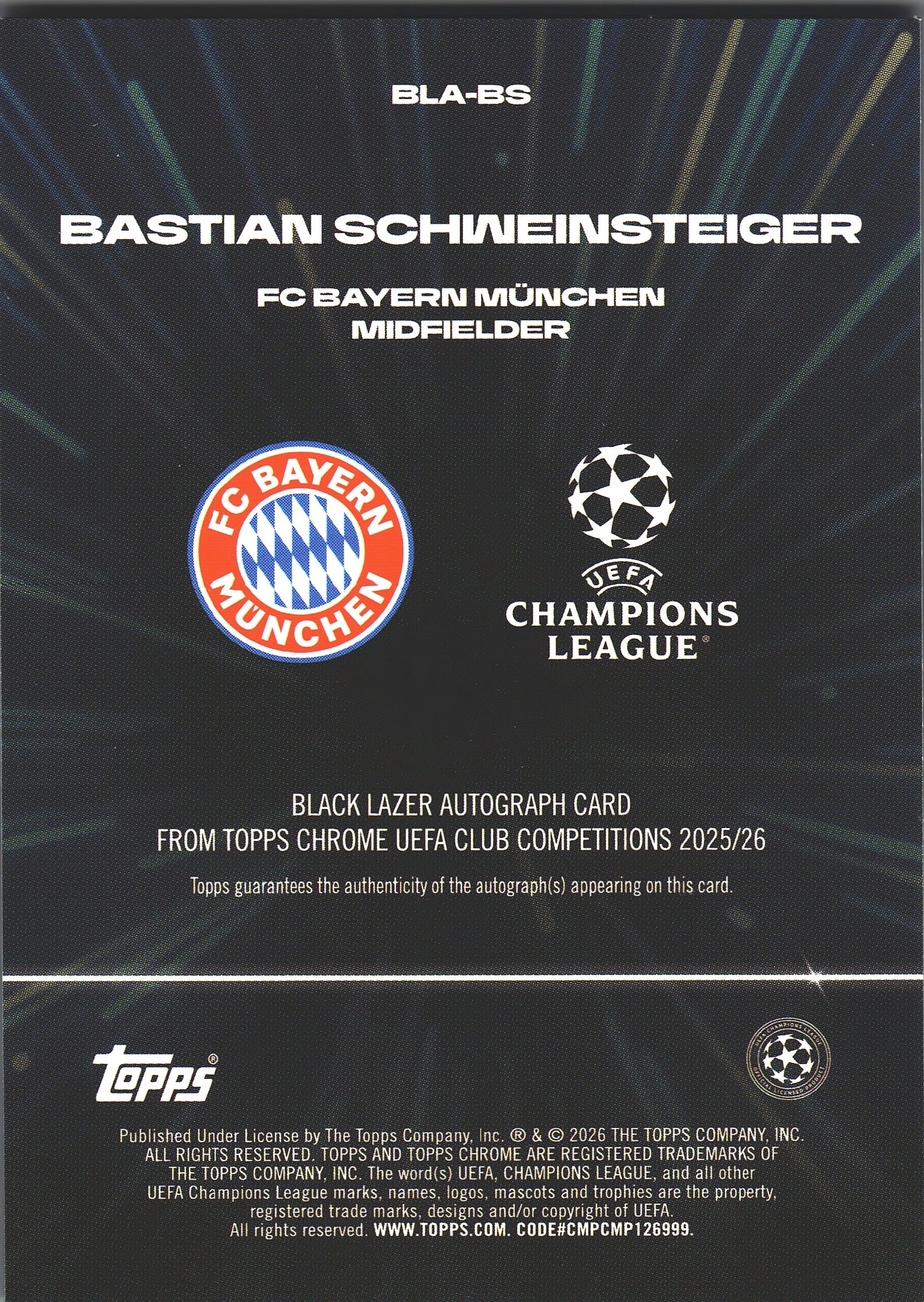 2025 Topps Chrome UCC Black Laser Autograph Bastian Schweinsteiger #BLA-BS Bayern Munich
