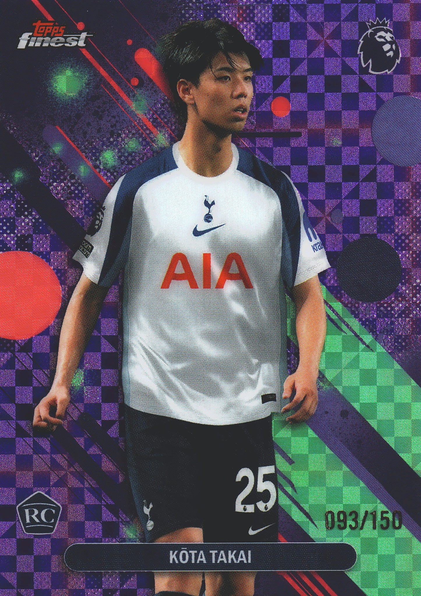 2025 Topps Finest Premier League Purple /150 Kota Takai RC #92 Tottenham Hotspur