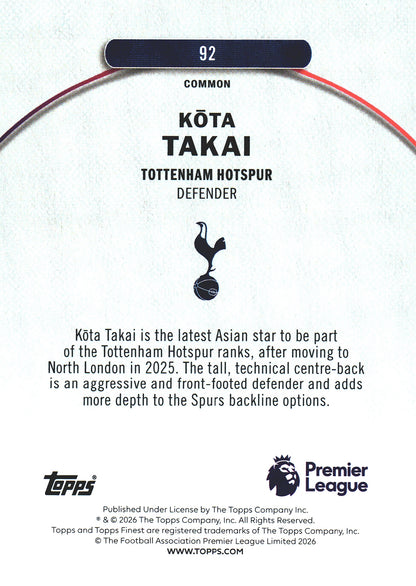 2025 Topps Finest Premier League Purple /150 Kota Takai RC #92 Tottenham Hotspur