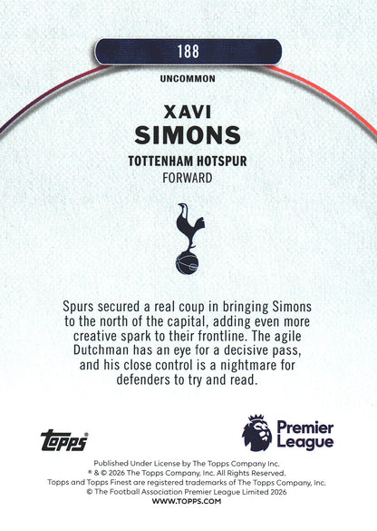 2025 Topps Finest Premier League Blue /150 Xavi Simons #188 Tottenham Hotspur