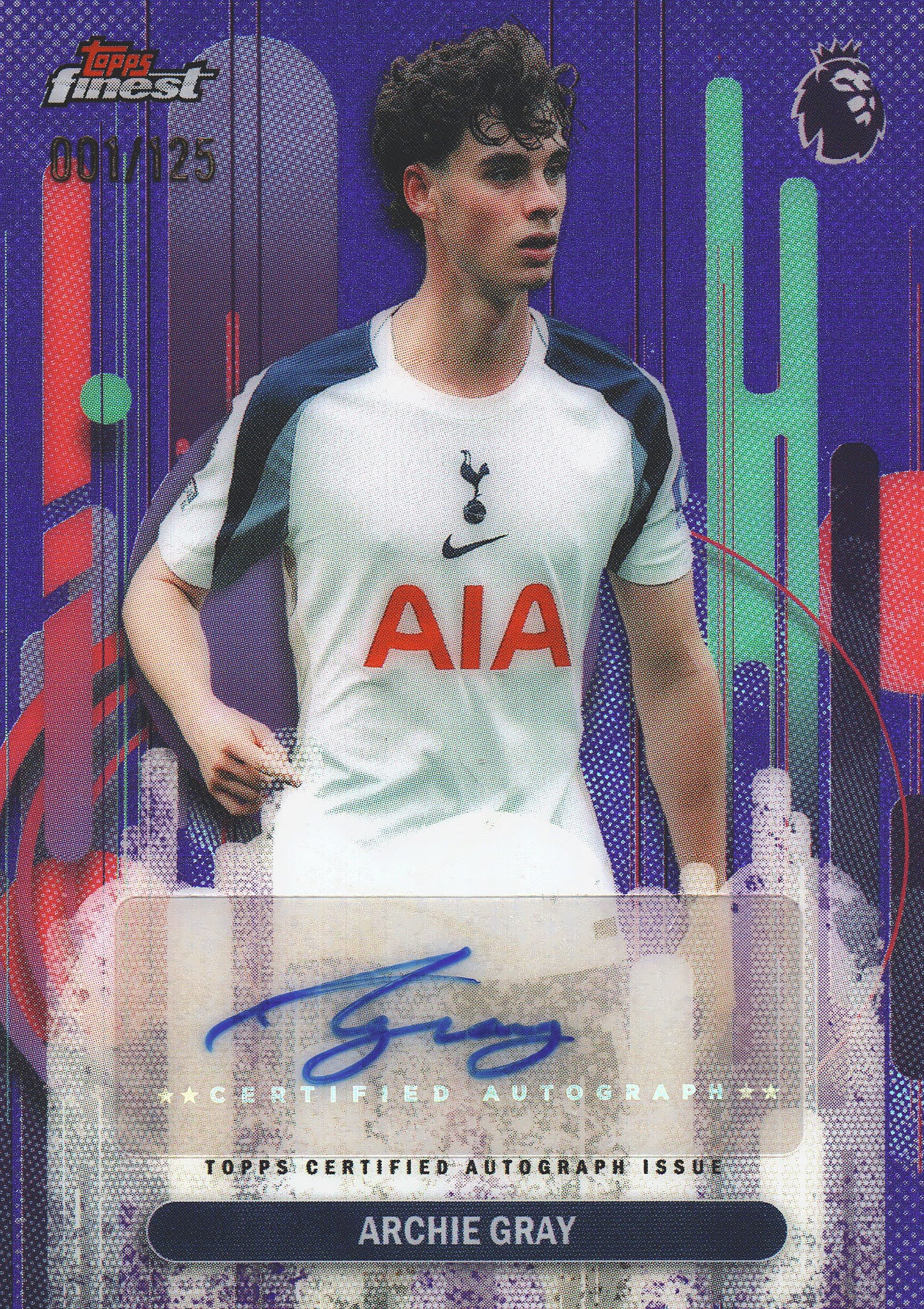 2025 Topps Finest Premier League Autograph Purple /125 Archie Gray #FA-AG Tottenham Hotspur