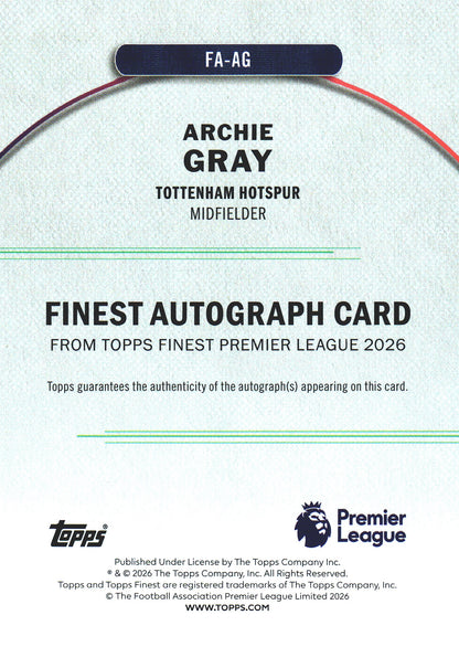 2025 Topps Finest Premier League Autograph Purple /125 Archie Gray #FA-AG Tottenham Hotspur