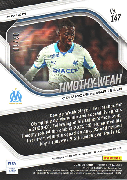 2025-26 Panini Prizm FIFA Gold Prizm /10 Timothy Weah #147 Olympique de Marseille