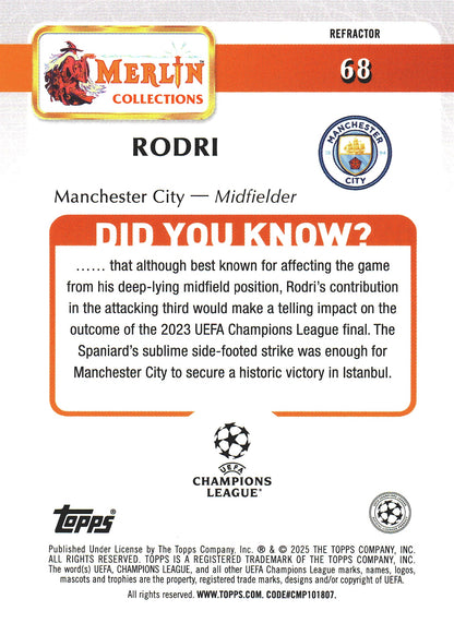 2024 Topps Chrome Merlin Refractor Rodri #68 Manchester City