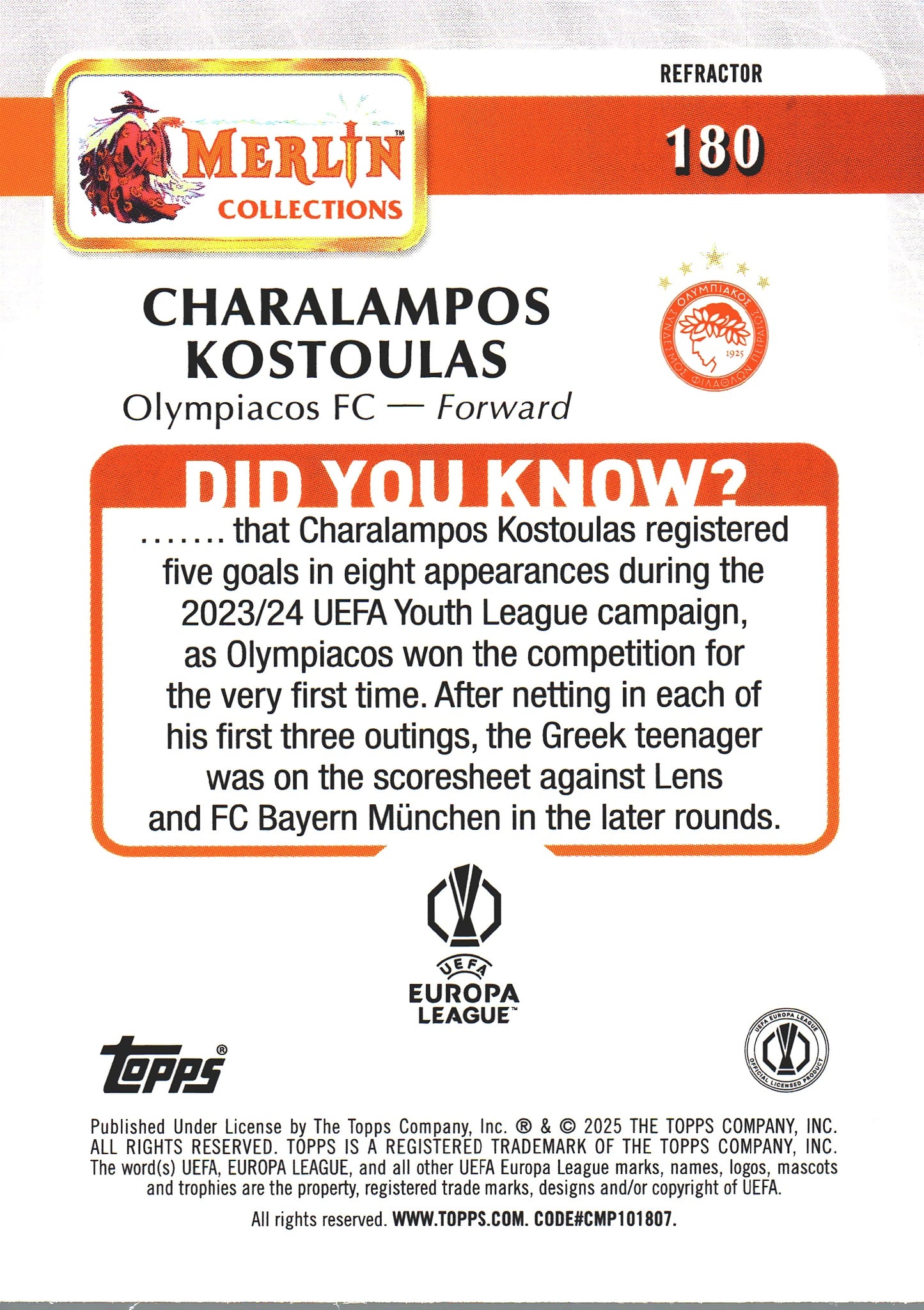 2024 Topps Chrome Merlin Refractor Charalampos Kostoulas RC #180 Olympiacos