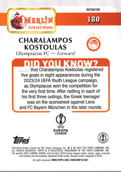 2024 Topps Chrome Merlin Refractor Charalampos Kostoulas RC #180 Olympiacos