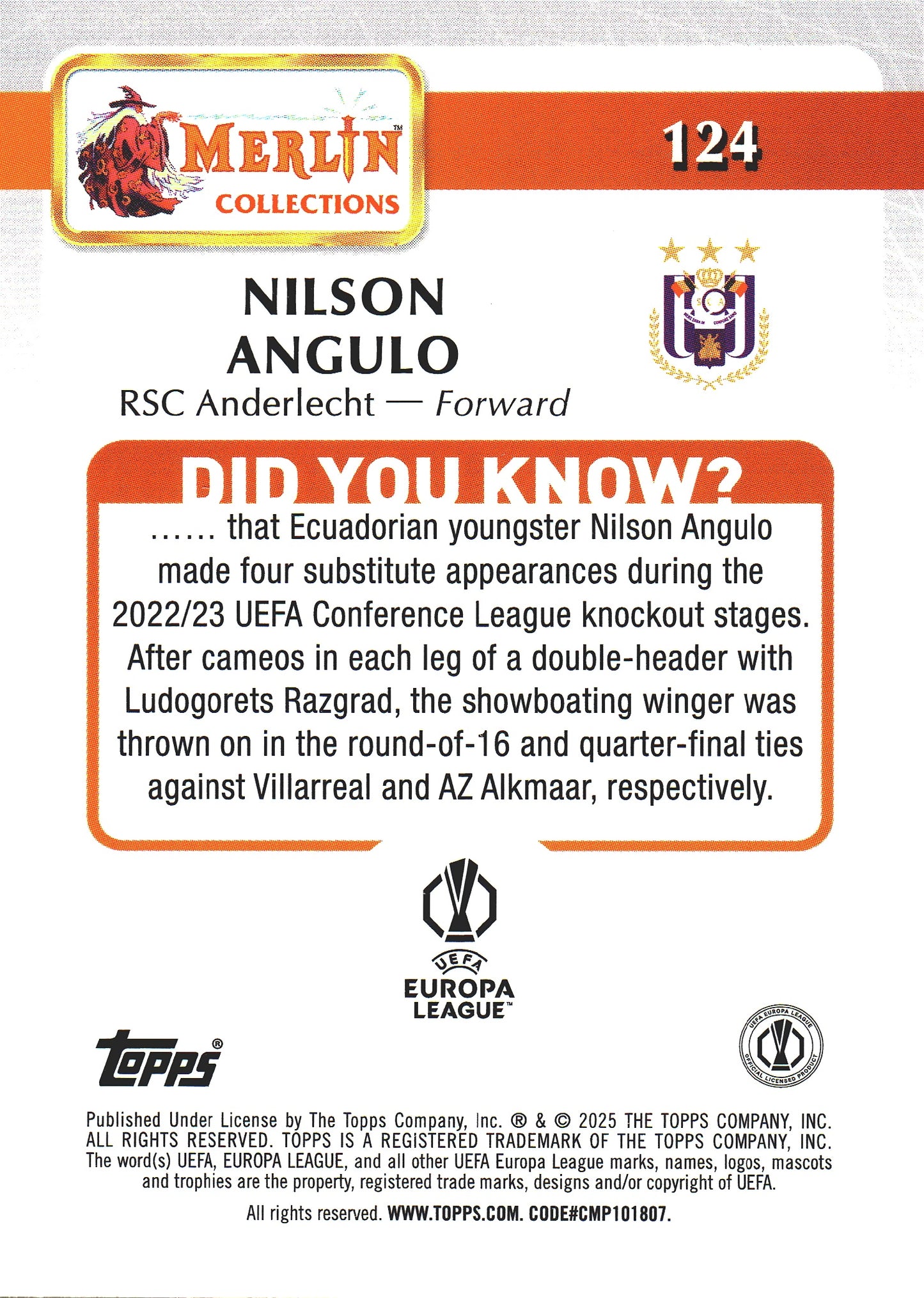 2024 Topps Chrome Merlin Sparkle Nilson Angulo RC #124 RSC Anderlecht