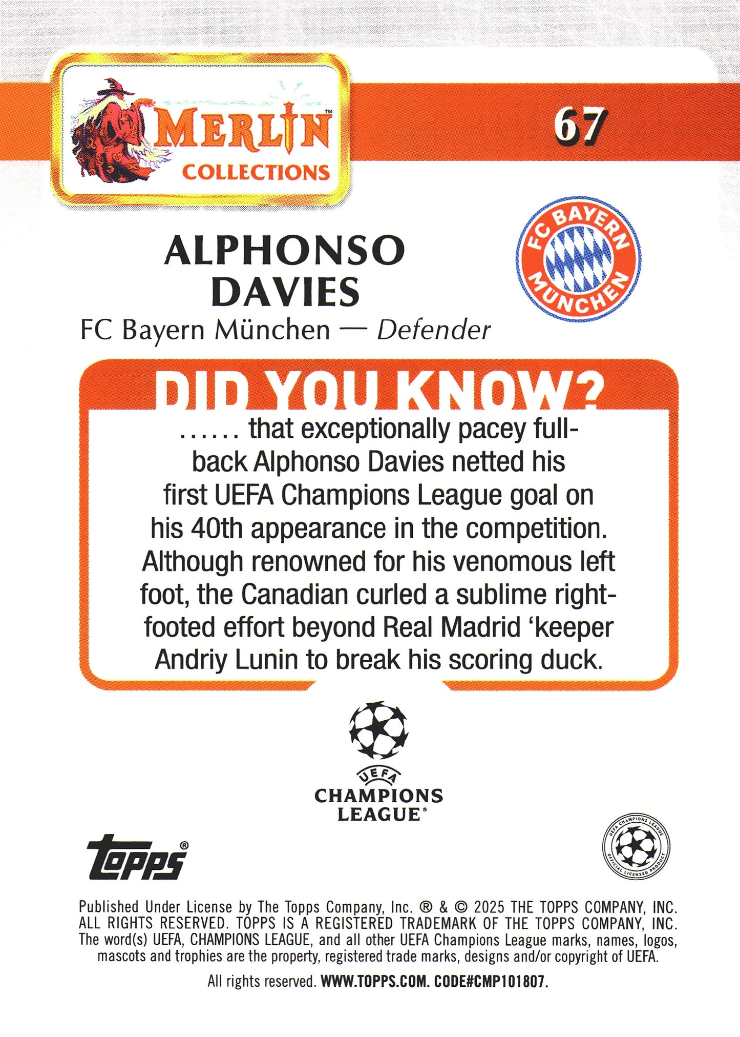 2024 Topps Chrome Merlin Mojo Alphonso Davies #67 Bayern Munich