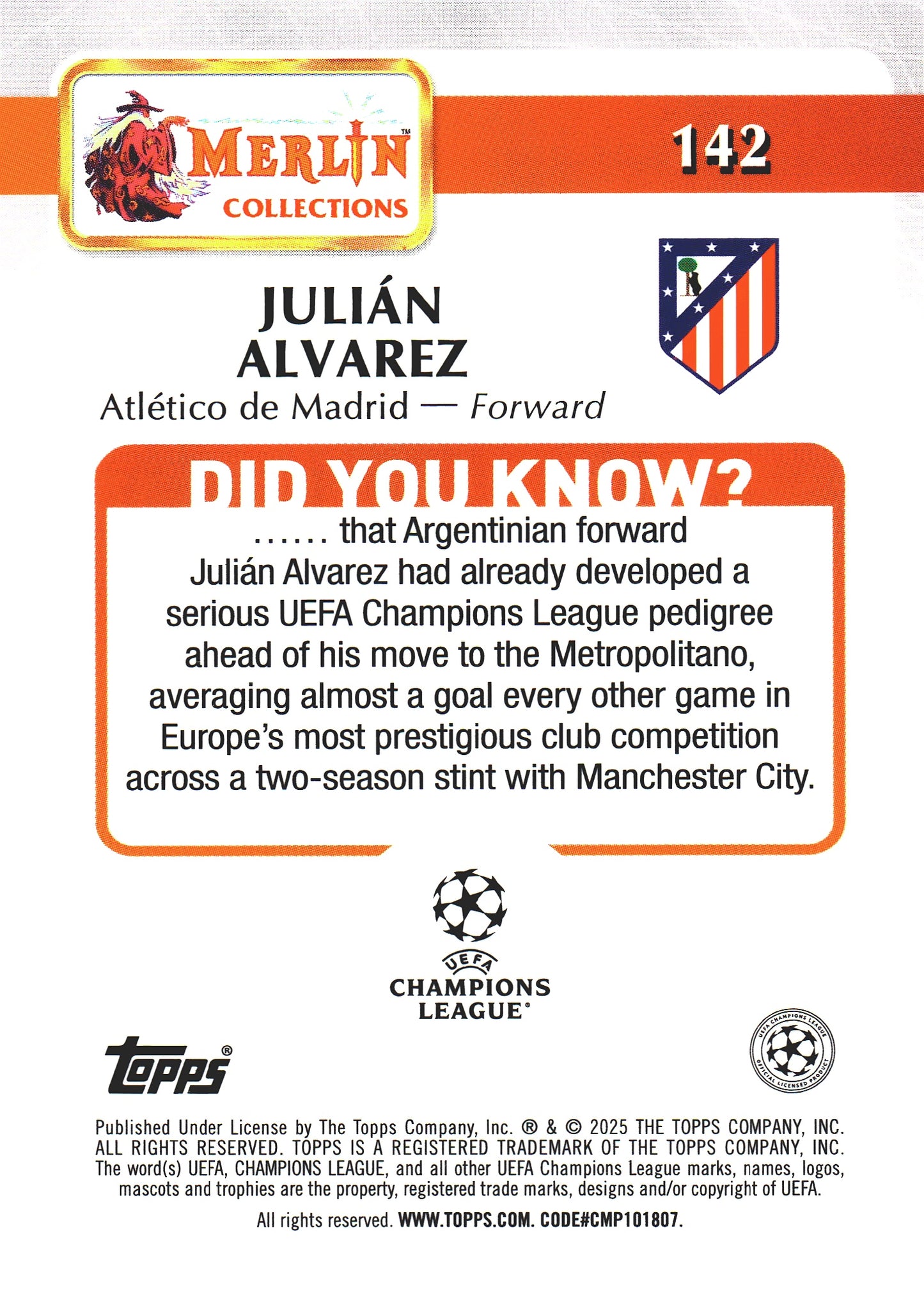 2024 Topps Chrome Merlin Mojo Julián Álvarez #142 Atlético de Madrid