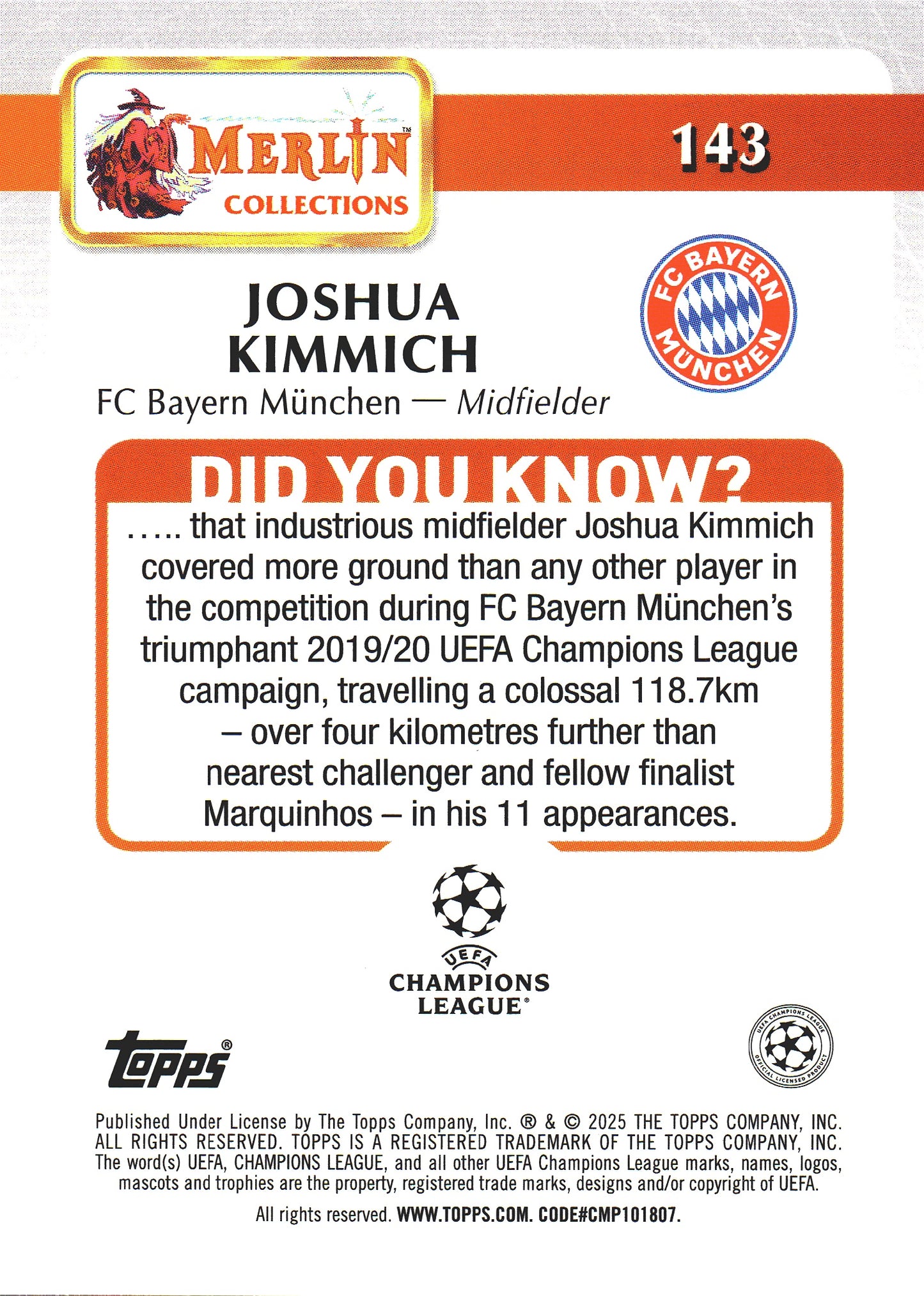 2024 Topps Chrome Merlin Rose Sparkle /250 Joshua Kimmich #143 Bayern Munich