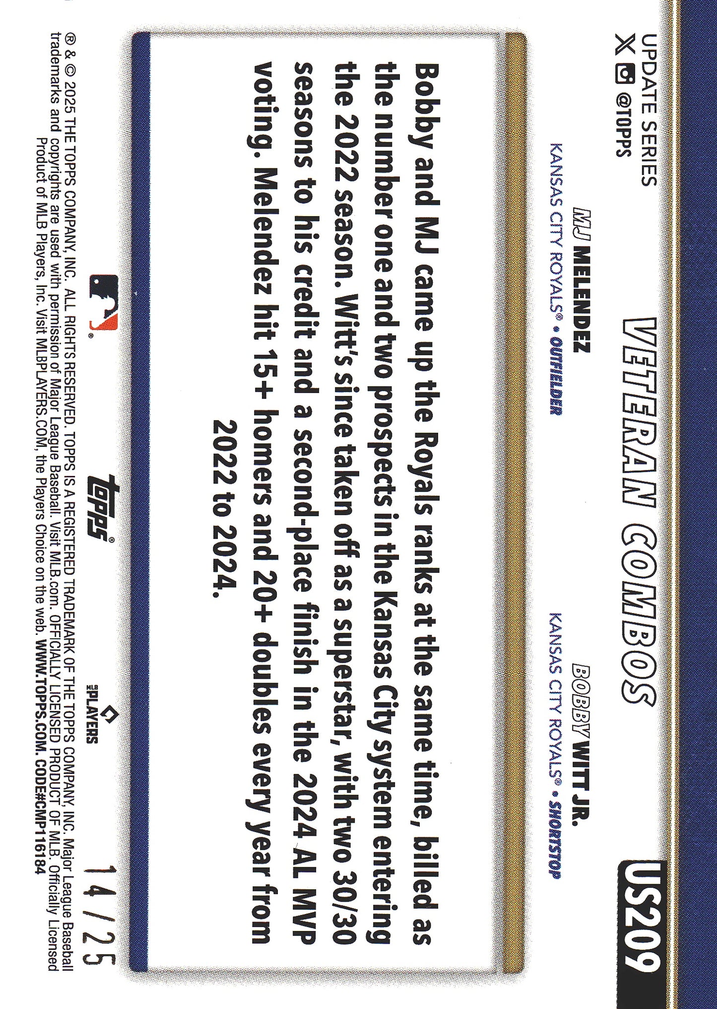 2025 Topps Series Update Young & Hungry Orange /25 Bobby Witt Jr. #US209 Kansas City Royals