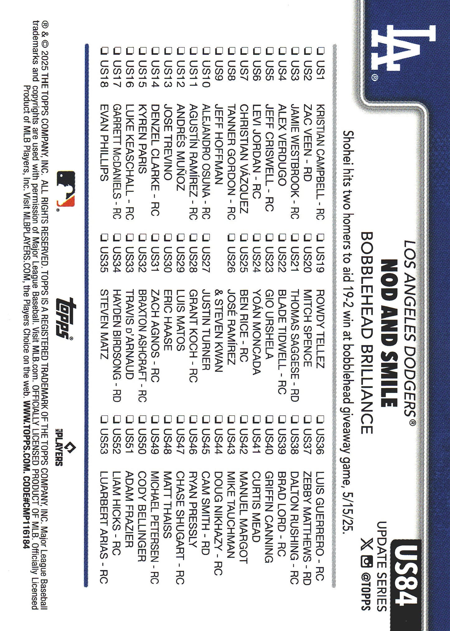 2025 Topps Series Update Shohei Ohtani #84 Los Angeles Dodgers