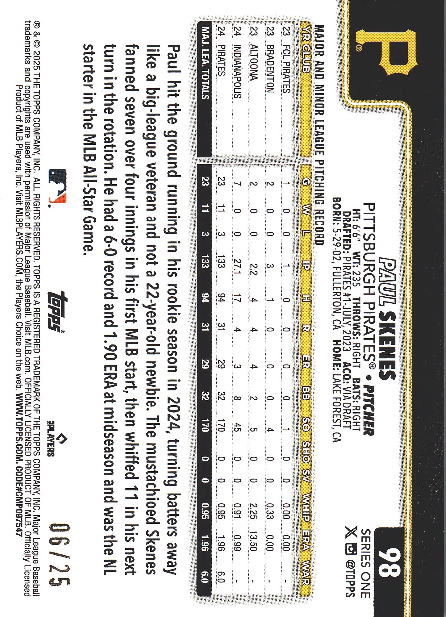 2025 Topps Series 1 Orange /25 Paul Skenes #98 Pittsburgh Pirates