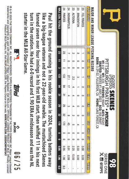2025 Topps Series 1 Orange /25 Paul Skenes #98 Pittsburgh Pirates