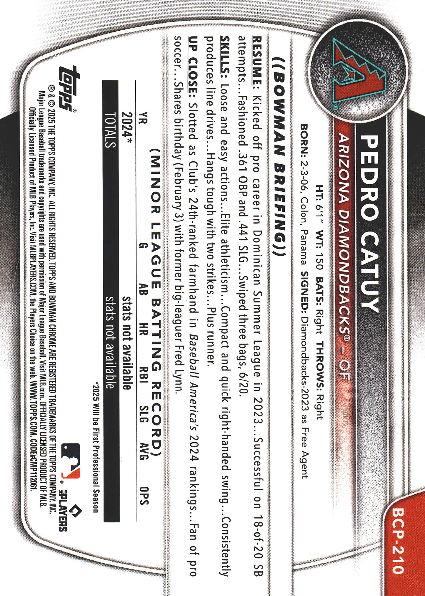 2025 Topps Bowman Chrome Prospects Lazer Pedro Catuy 1st #BCP-210 Arizona Diamondbacks