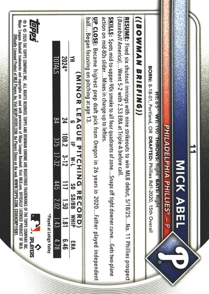 2025 Topps Bowman Chrome Red Logo Mick Abel RC #11 Philadelphia Phillies