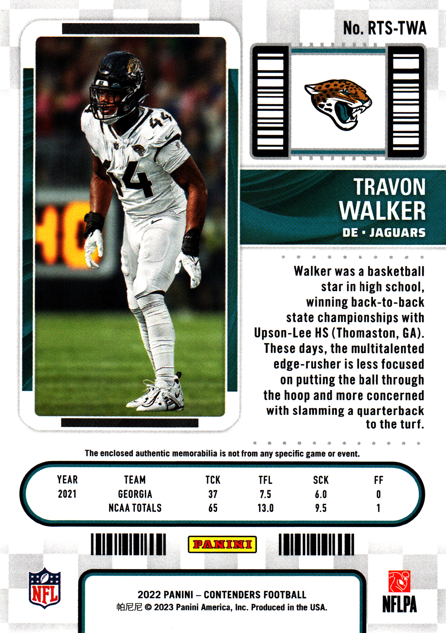 2022 Panini Contenders Rookie Ticket Patch Emerald Travon Walker #RTS-TWA Jacksonville Jaguars