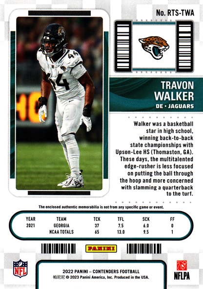 2022 Panini Contenders Rookie Ticket Patch Emerald Travon Walker #RTS-TWA Jacksonville Jaguars