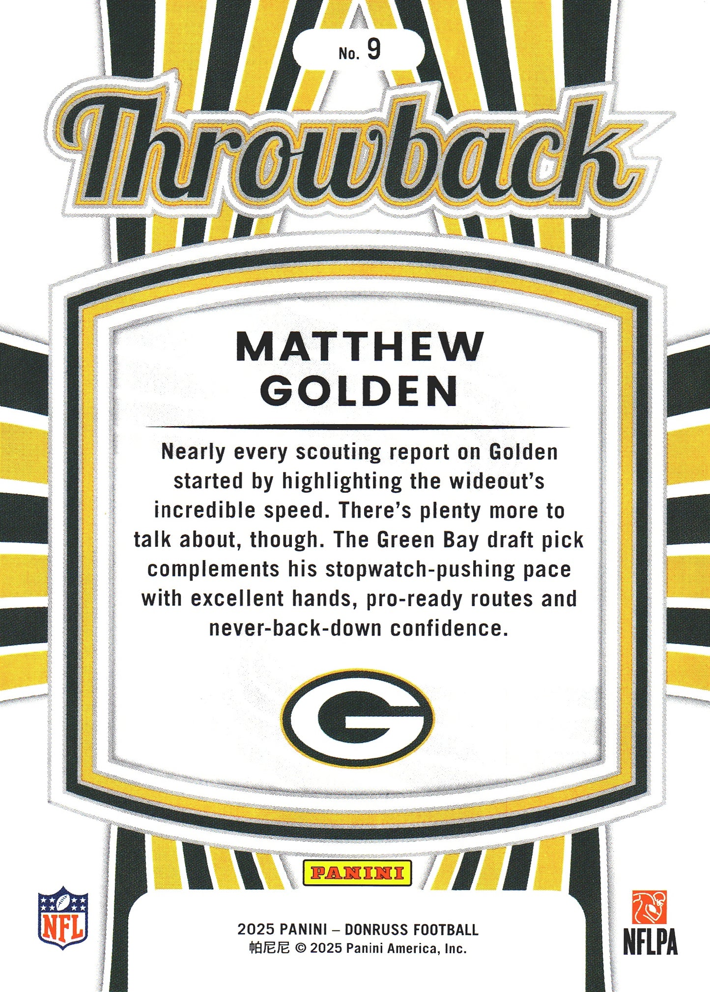 2025 Panini Donruss Rated Rookies Throwback Matthew Golden #9 Green Bay Packers