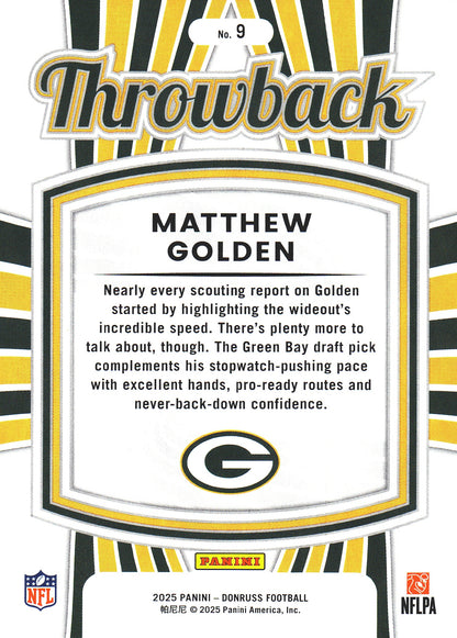 2025 Panini Donruss Rated Rookies Throwback Matthew Golden #9 Green Bay Packers