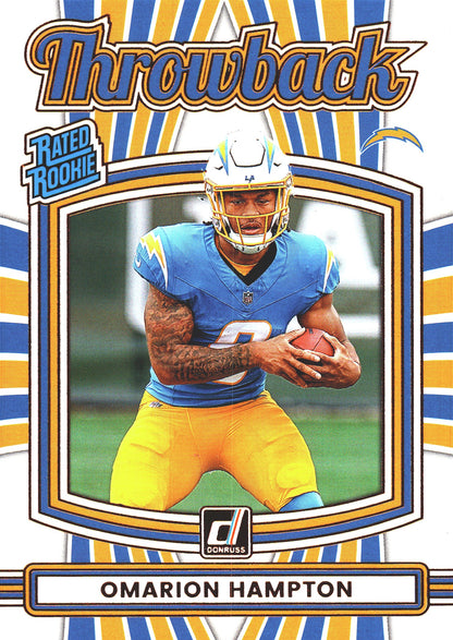 2025 Panini Donruss Rated Rookies Throwback Omarion Hampton #14 Los Angeles Chargers