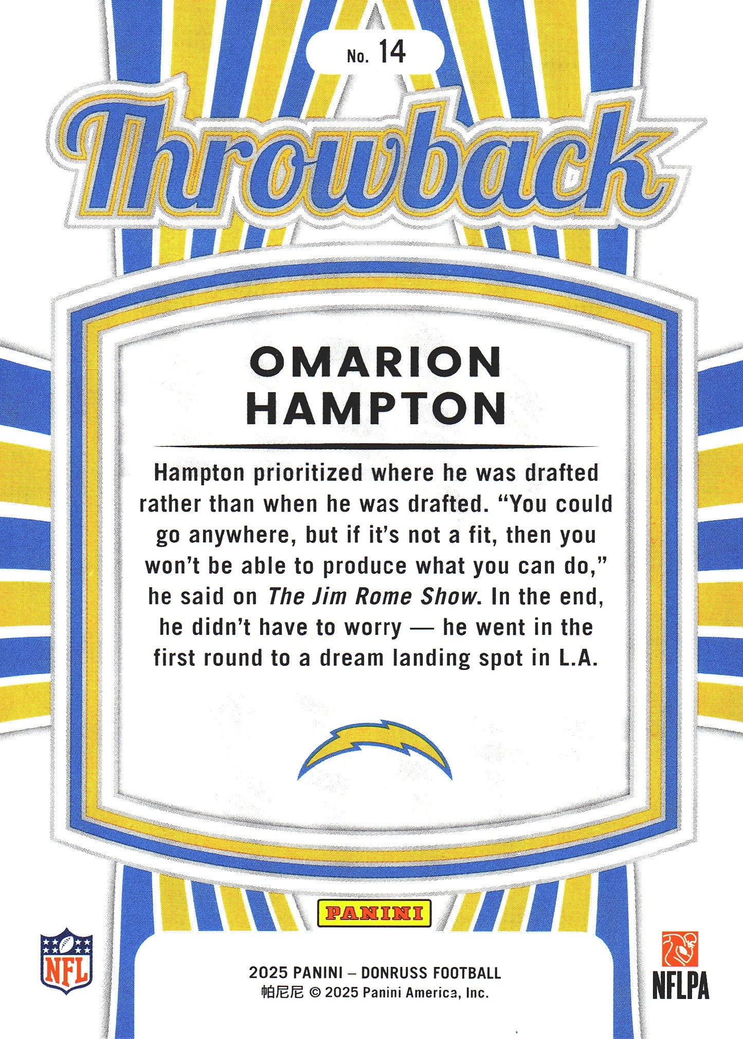 2025 Panini Donruss Rated Rookies Throwback Omarion Hampton #14 Los Angeles Chargers