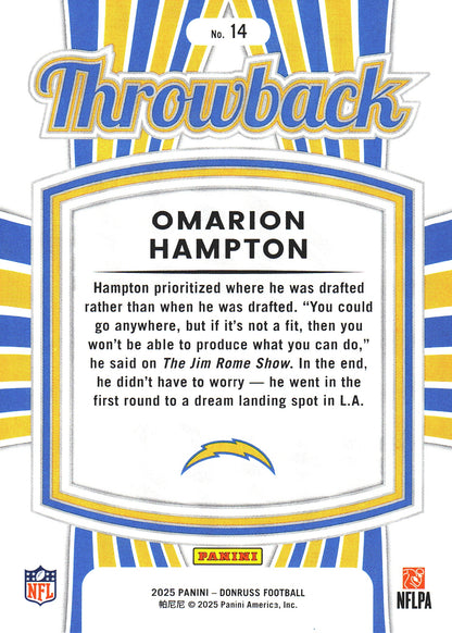 2025 Panini Donruss Rated Rookies Throwback Omarion Hampton #14 Los Angeles Chargers