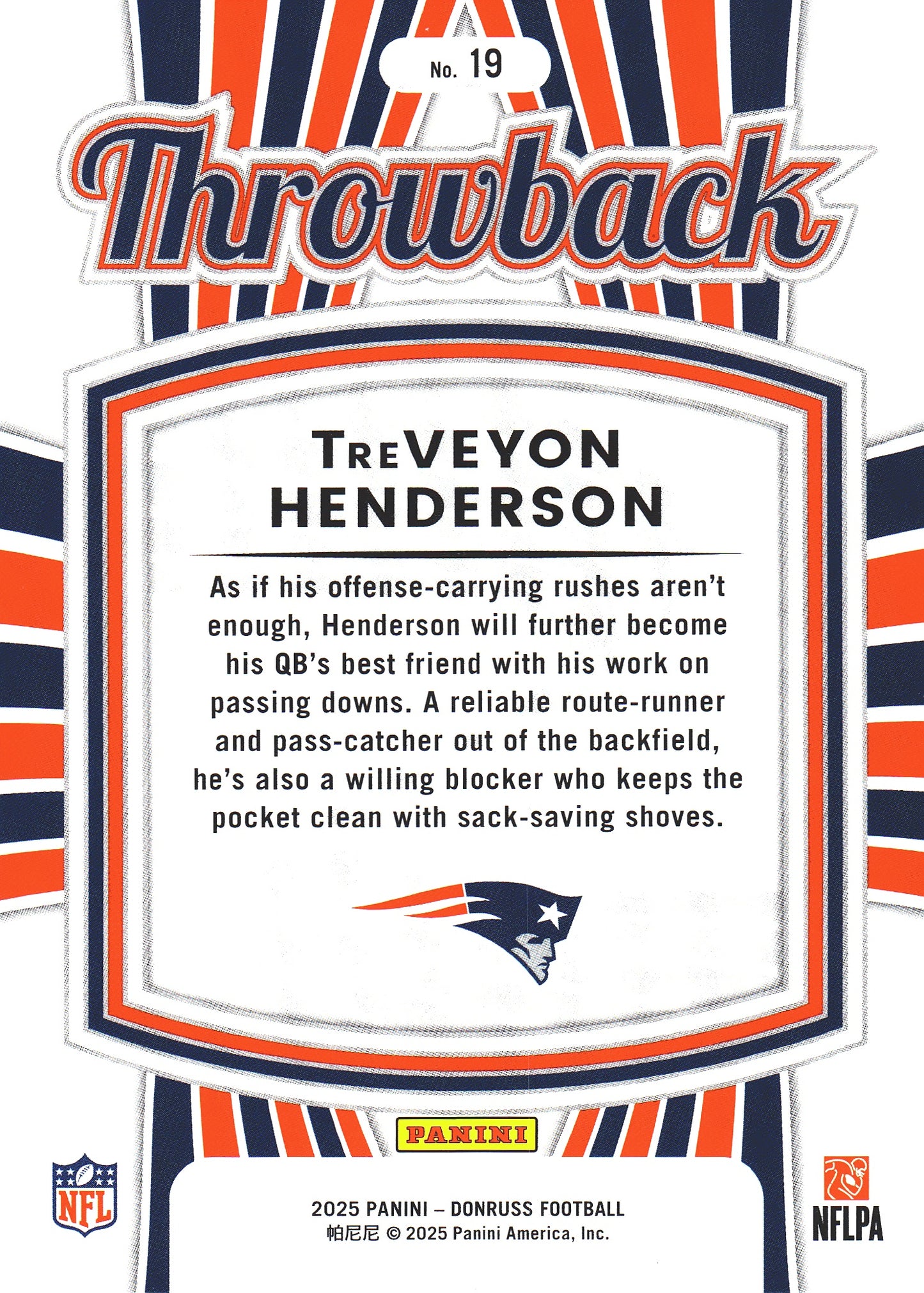 2025 Panini Donruss Rated Rookies Throwback TreVeyon Henderson #19 New England Patriots