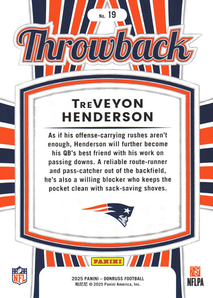 2025 Panini Donruss Rated Rookies Throwback TreVeyon Henderson #19 New England Patriots