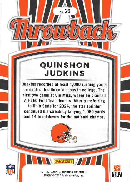 2025 Panini Donruss Rated Rookies Throwback Quinshon Judkins #26 Cleveland Browns