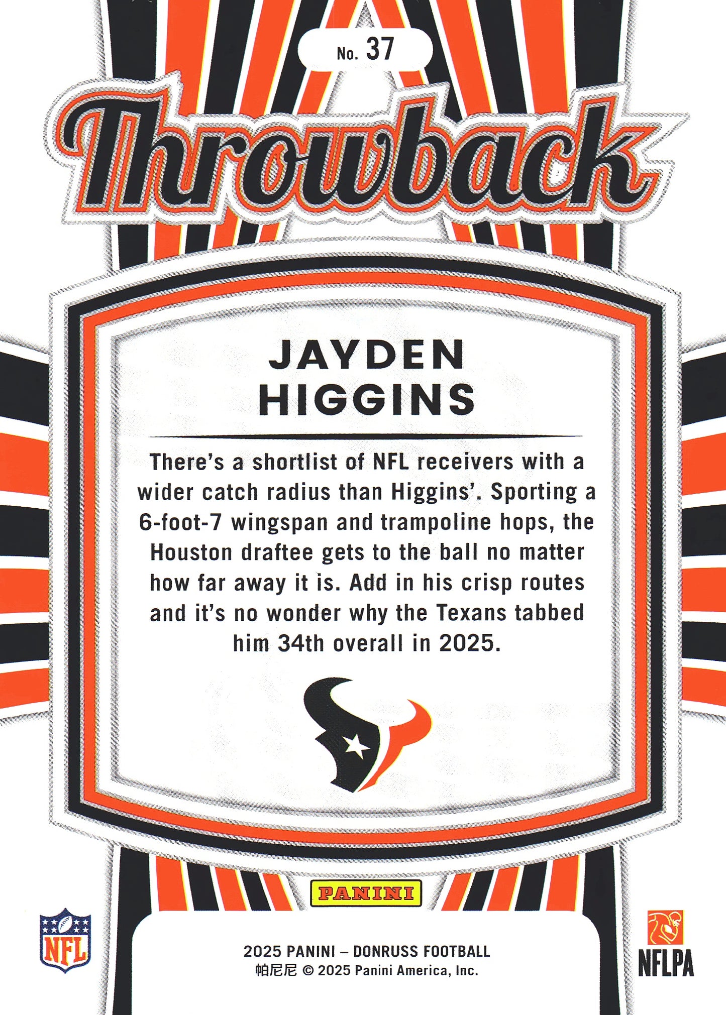 2025 Panini Donruss Rated Rookies Throwback Jayden Higgins #37 Houston Texans