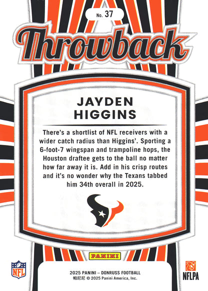 2025 Panini Donruss Rated Rookies Throwback Jayden Higgins #37 Houston Texans