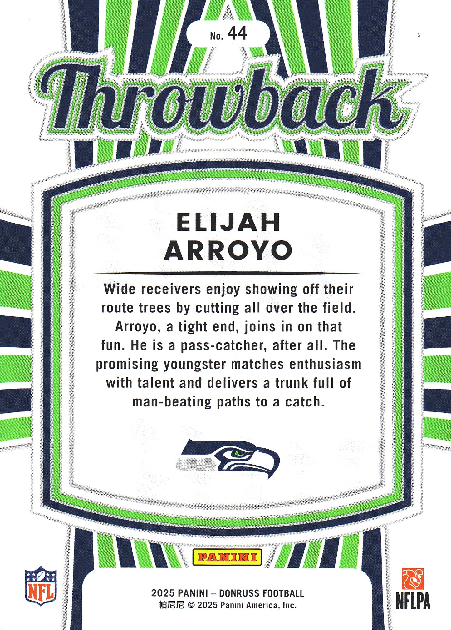 2025 Panini Donruss Rated Rookies Throwback Elijah Arroyo #44 Seattle Seahawks