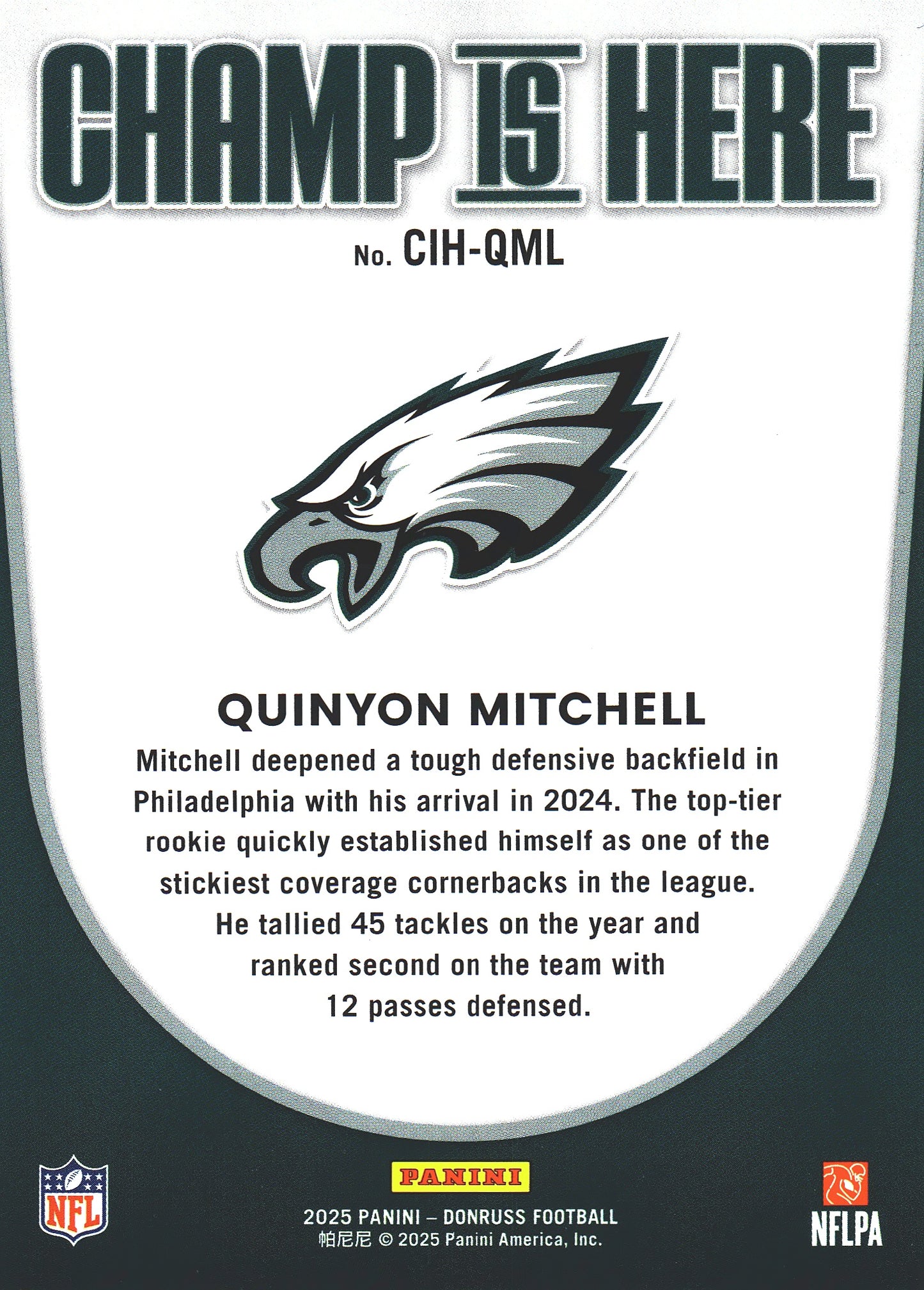 2025 Panini Donruss Champ Is Here Quinyon Mitchell #CIH-QML Philadelphia Eagles