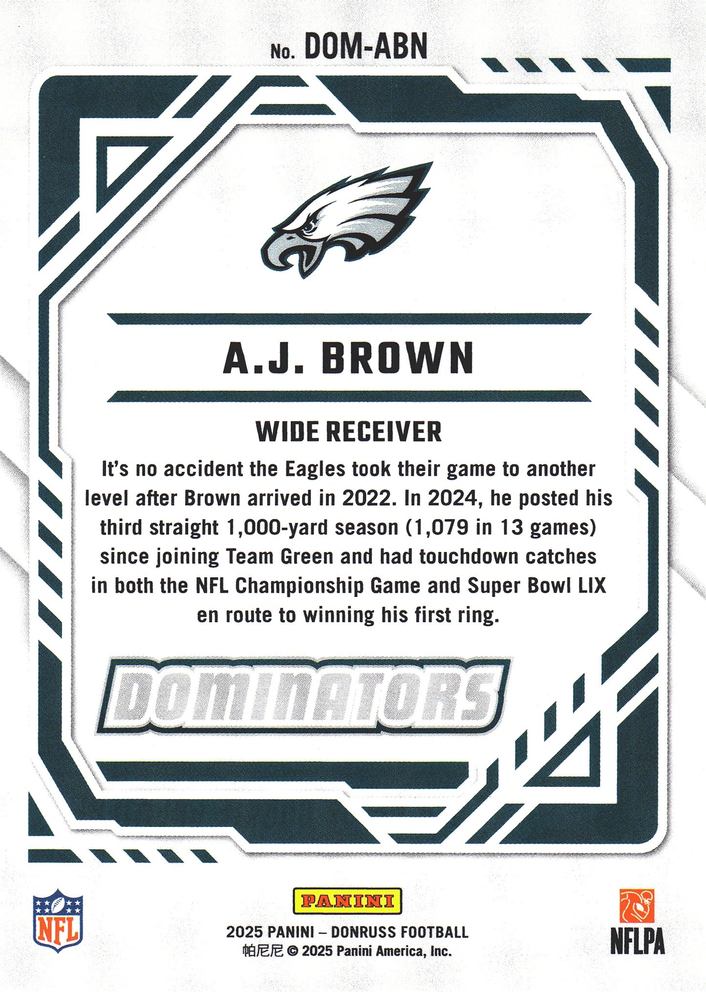 2025 Panini Donruss Dominators A.J. Brown #DOM-ABN Philadelphia Eagles