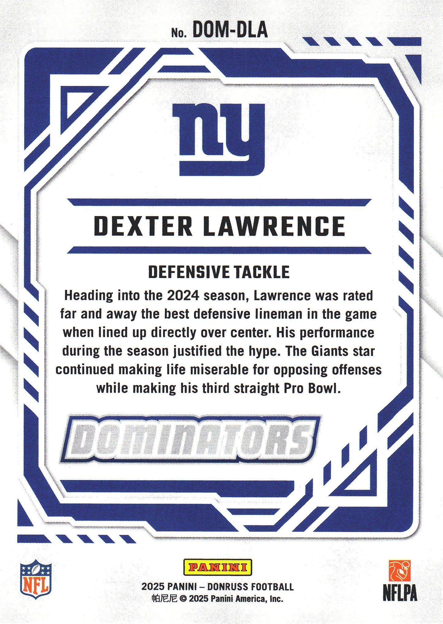 2025 Panini Donruss Dominators Dexter Lawrence #DOM-DLA New York Giants