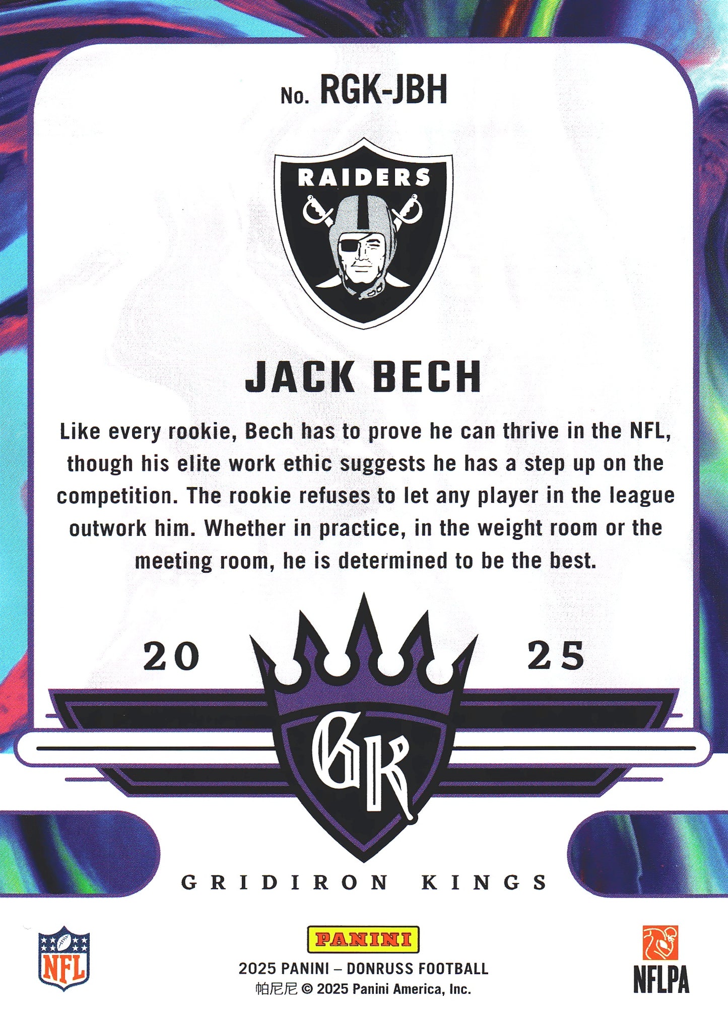2025 Panini Donruss Gridiron Kings Rookie Jack Bech #RGK-JBH Las Vegas Raiders