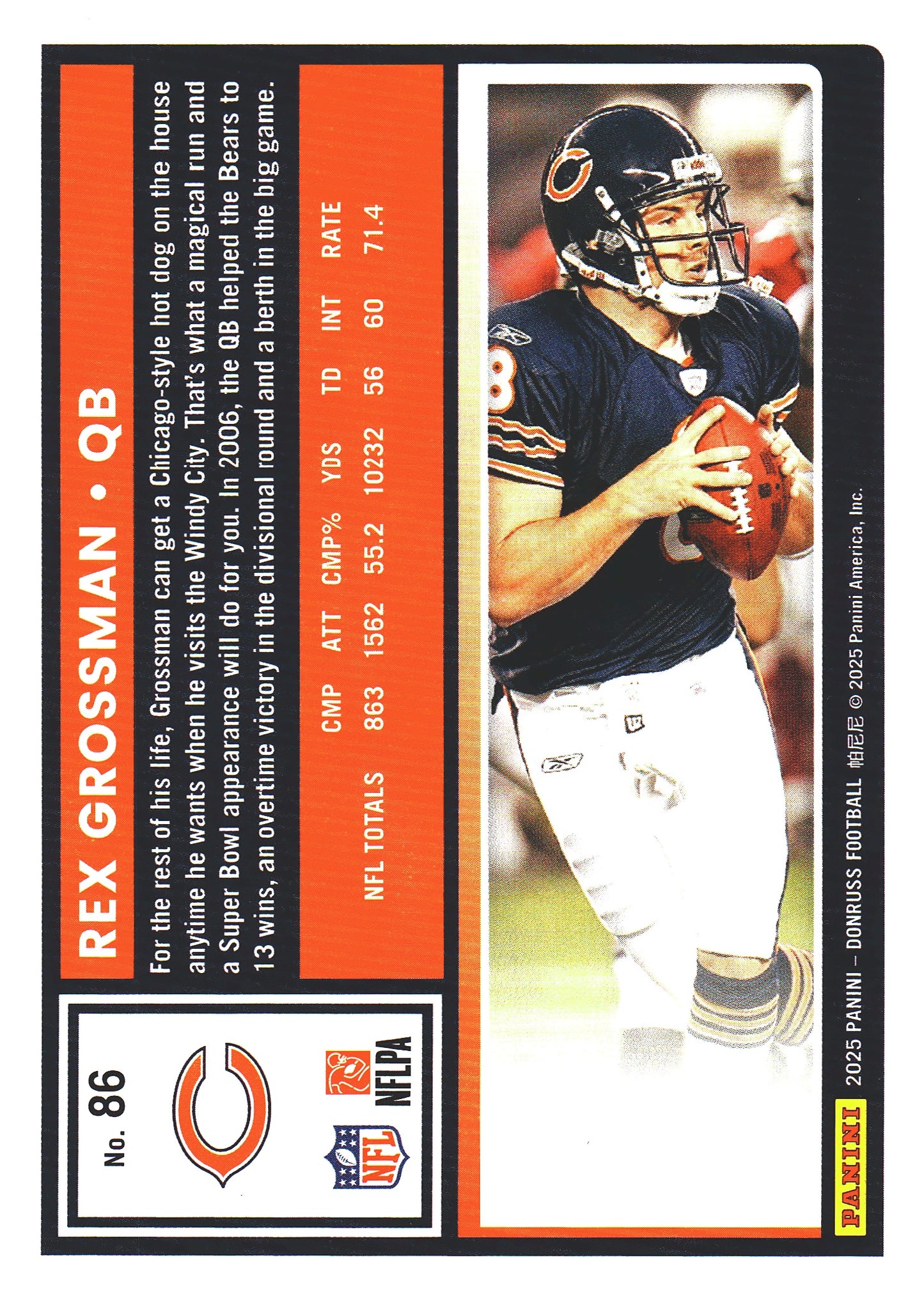 2025 Panini Donruss Press Proofs Red Rex Grossman #86 Chicago Bears