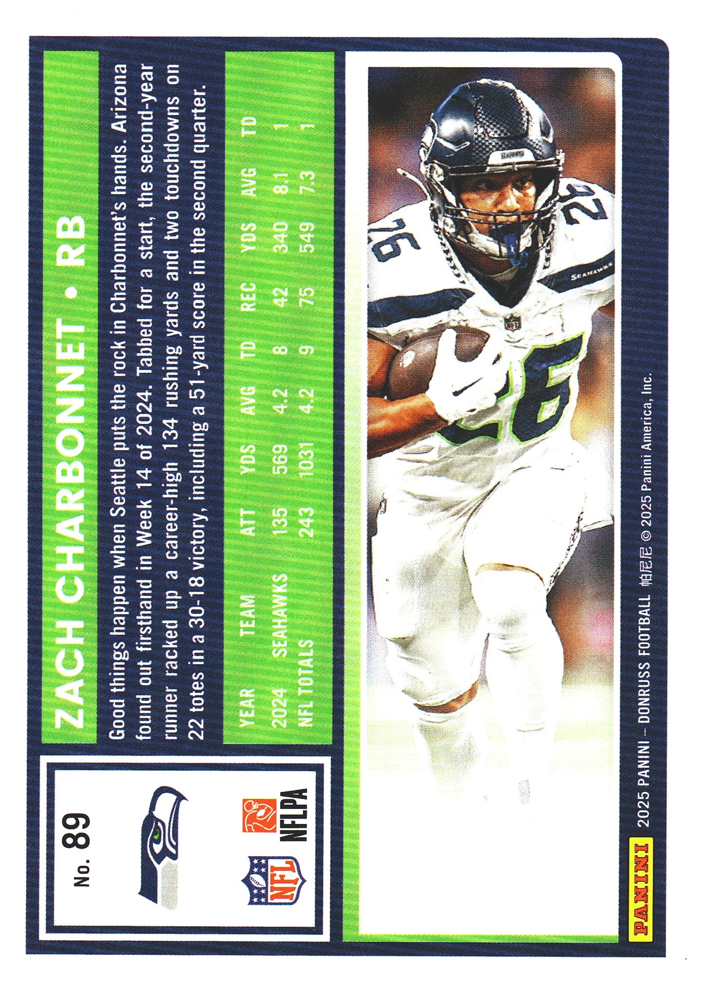 2025 Panini Donruss Press Proofs Red Zach Charbonnet #89 Seattle Seahawks