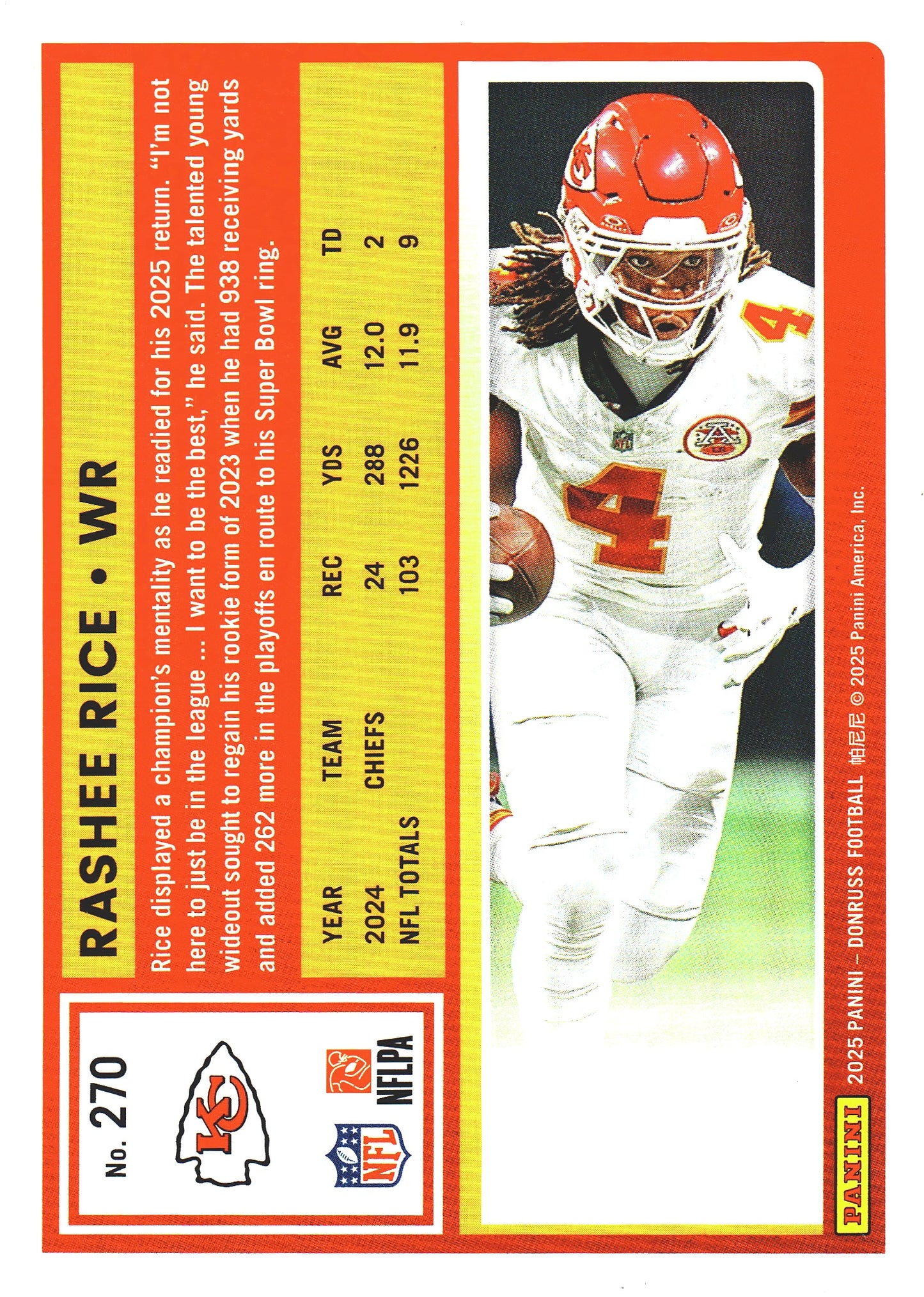 2025 Panini Donruss Press Proofs Red Rashee Rice #270 Kansas City Chiefs