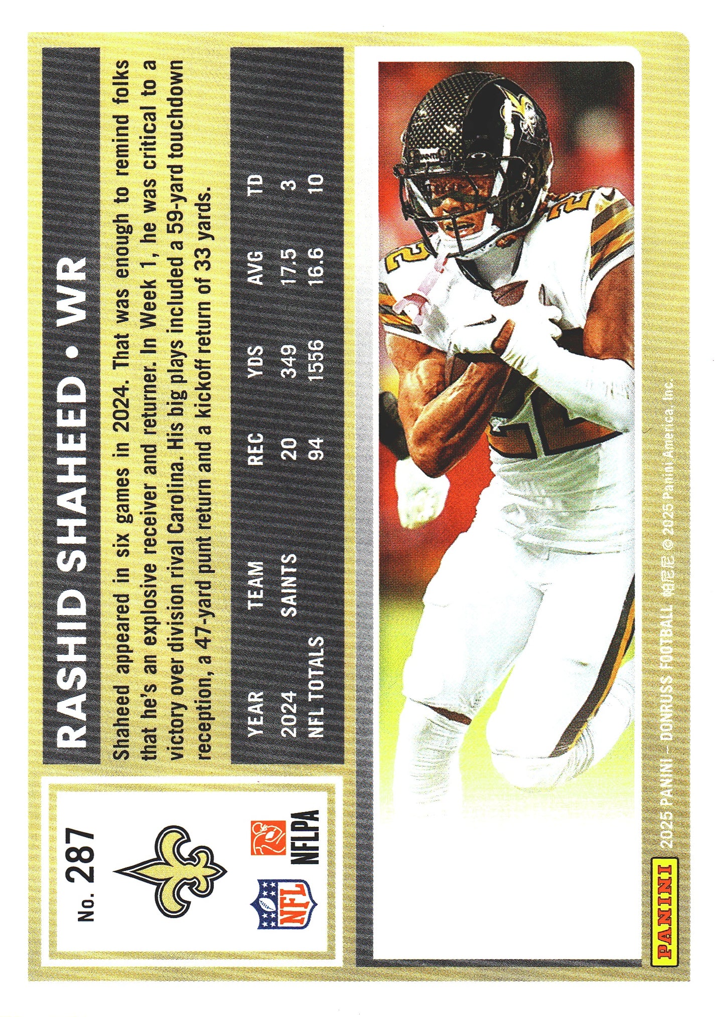 2025 Panini Donruss Press Proofs Red Rashid Shaheed #287 New Orleans Saints