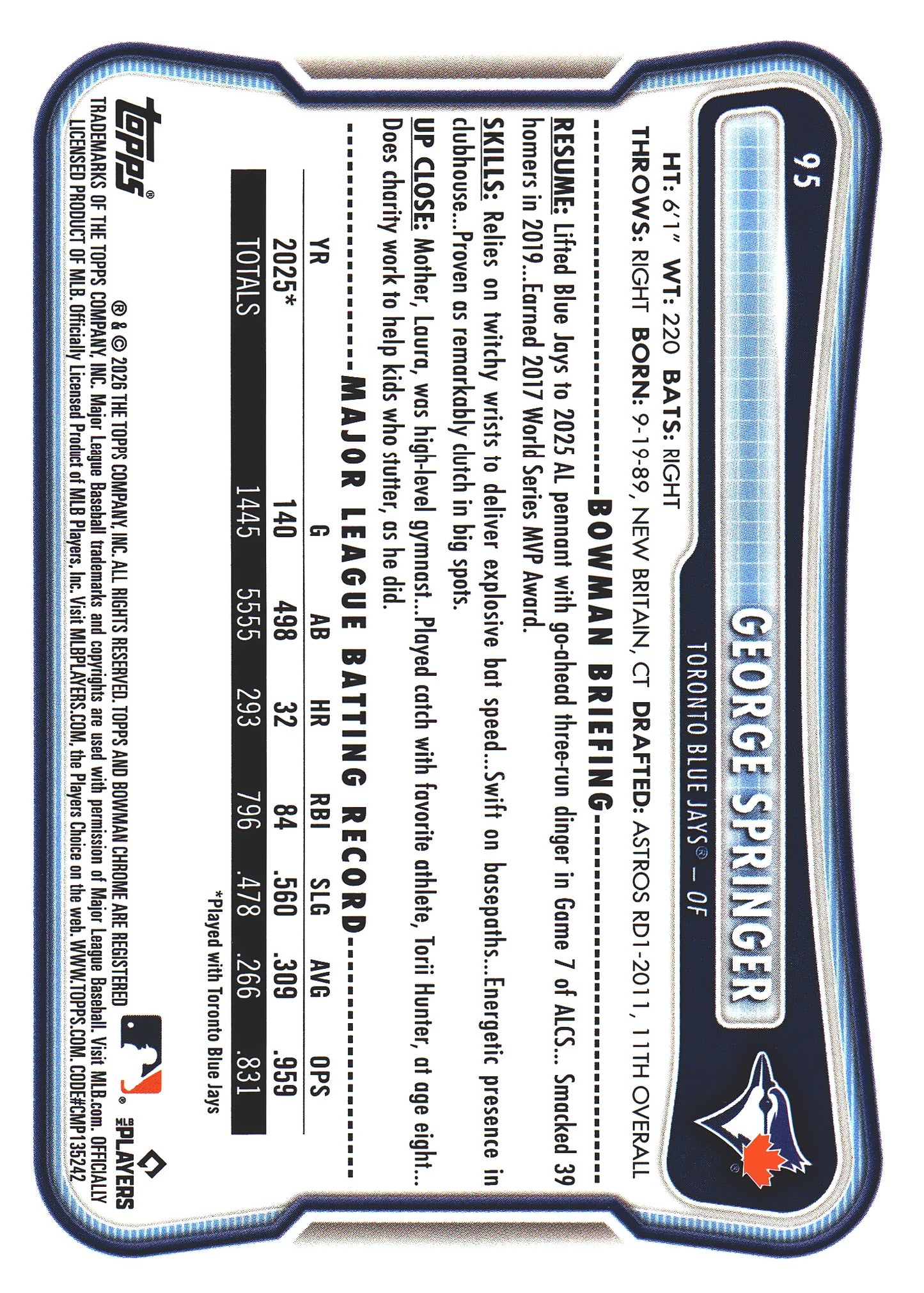 2026 Topps Bowman Gold /50 George Springer #95 Toronto Blue Jays